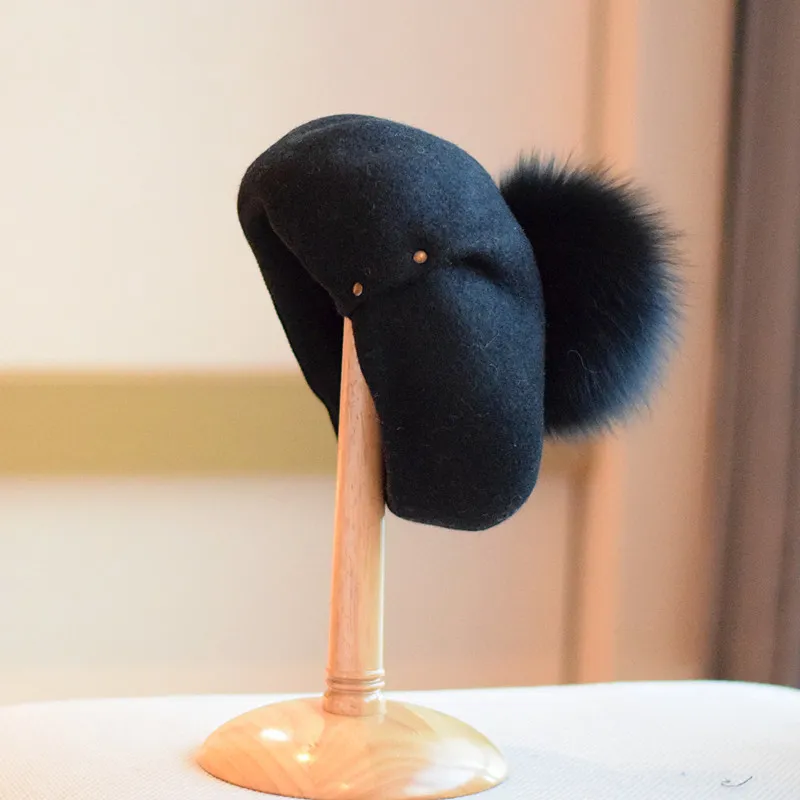 Wool Beret Women's Fur Ball Fashion Painter Cap - Black