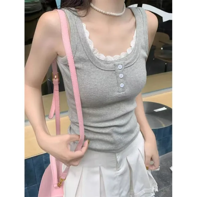 Womens Lace trimmed Mock Two Piece I Back Tank Top Tan - Shop at LoveMi