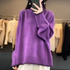 Loose And Idle Thickened Knitting High Collar Woolen Sweater - Purple - View 1