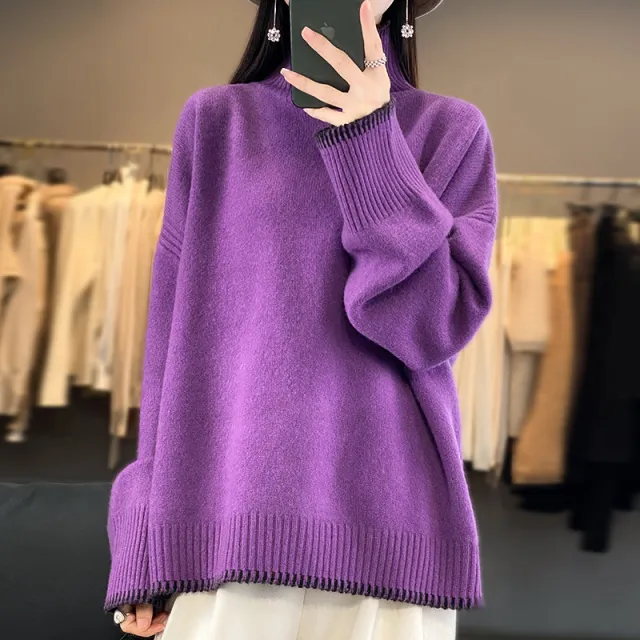Loose And Idle Thickened Knitting High Collar Woolen Sweater Purple - Shop at LoveMi