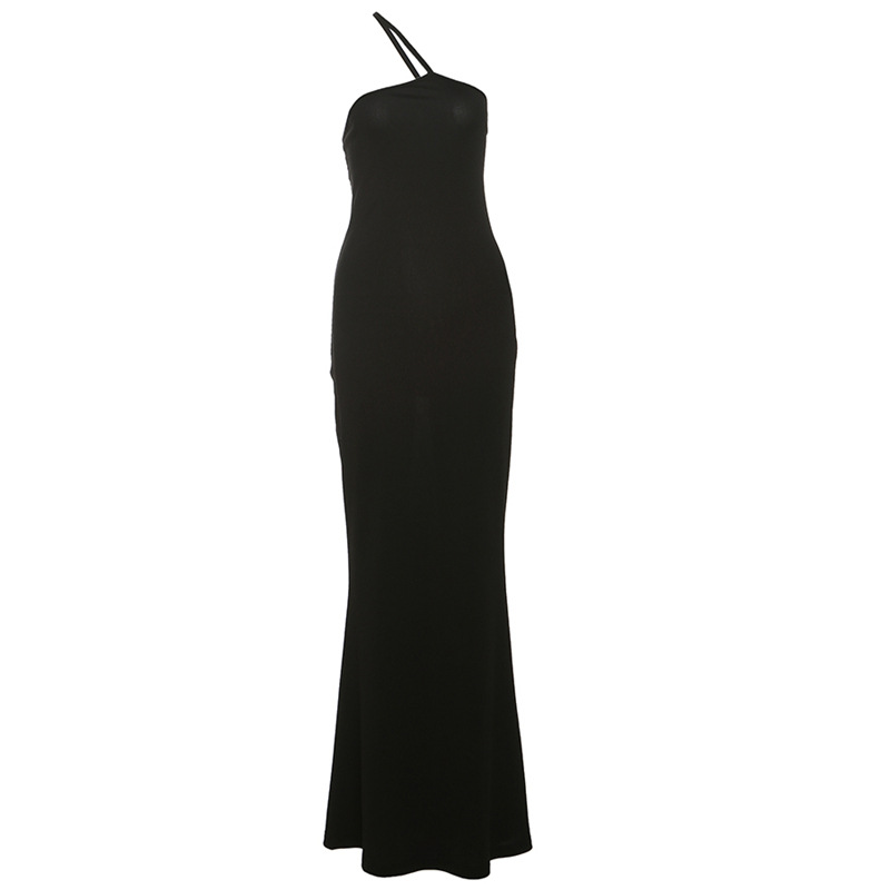 Graceful And Fashionable Sexy Solid Color Simple One Shoulder Backless Fishtail Dress Black - Shop at LoveMi
