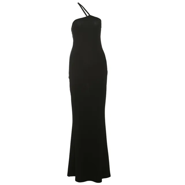 Graceful And Fashionable Sexy Solid Color Simple One Shoulder Backless Fishtail Dress Black - Shop at LoveMi