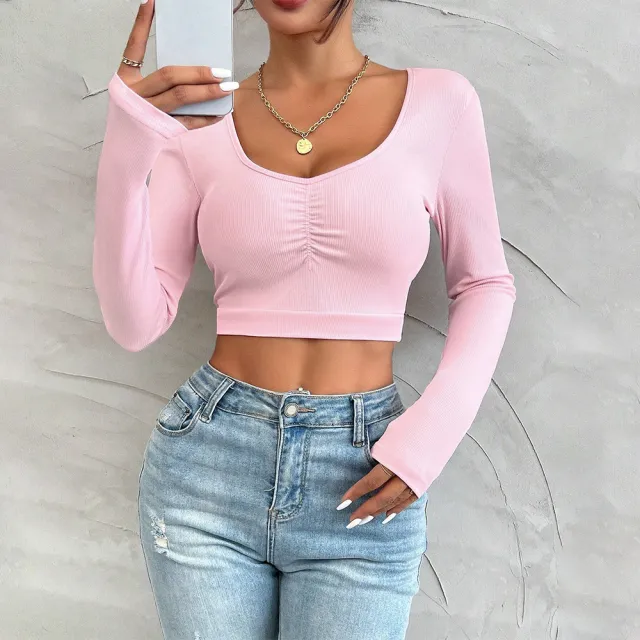 Best selling Sweet And Spicy Pure Desire Style T shirt Autumn And Winter U neck Slim fit Long sleeved Top Pink - Shop at LoveMi