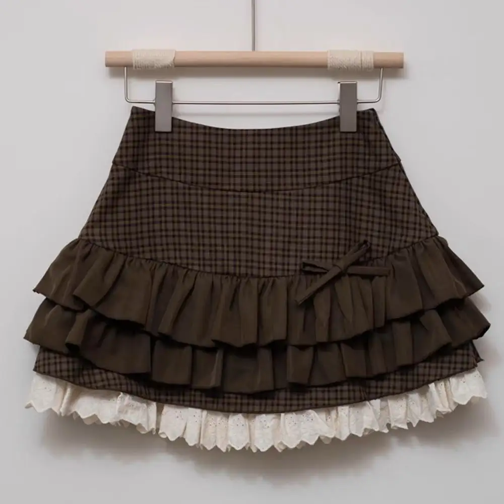 Japanese-style Chocolate-colored Lace Mini Skirt