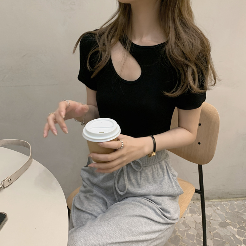 Solid Color Women's Hollow Elastic Niche Slim Design Sense Top T shirt With Short Sleeves Black - Shop at LoveMi