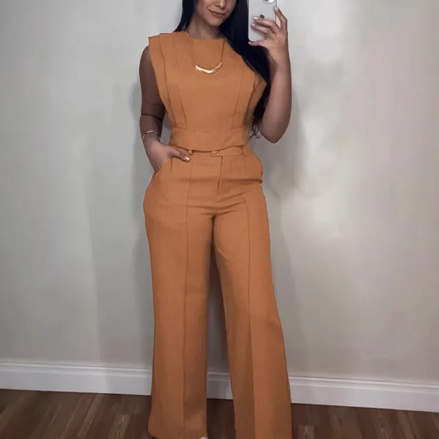 Summer Sleeveless Suit Fashion Round Neck Vest Top And Pocket Straight Pants Casual Trousers Set For Women Clothing Brown - Shop at LoveMi