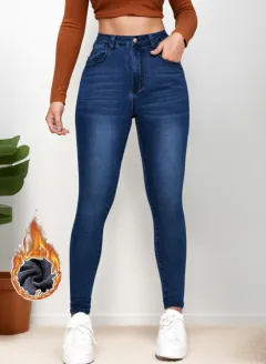 Women's Fleece-lined Elegant And Comfortable Skinny Jeans - Dark Blue - View 1