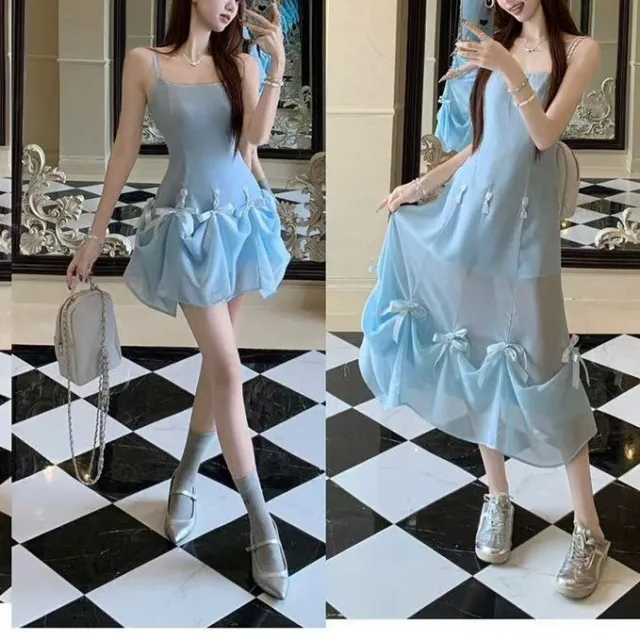 Solid color Bow neck Figure flattering Slip Dress For Women Blue - Shop at LoveMi