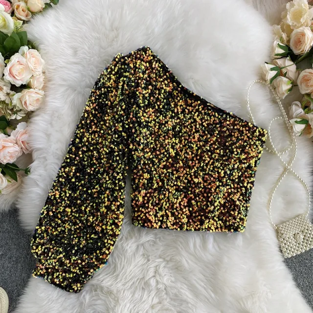 Slim fit All matching Short Glitter T shirt Long Sleeve Top Gold - Shop at LoveMi