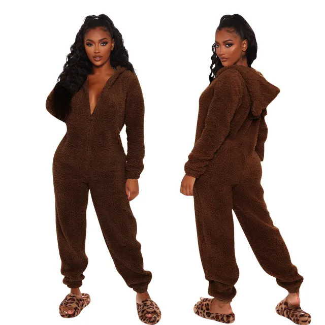 New Autumn And Winter Long Sleeve Hooded Casual Jumpsuit Trousers Plush Homewear Pajamas Cute Jumpsuit Brown - Shop at LoveMi