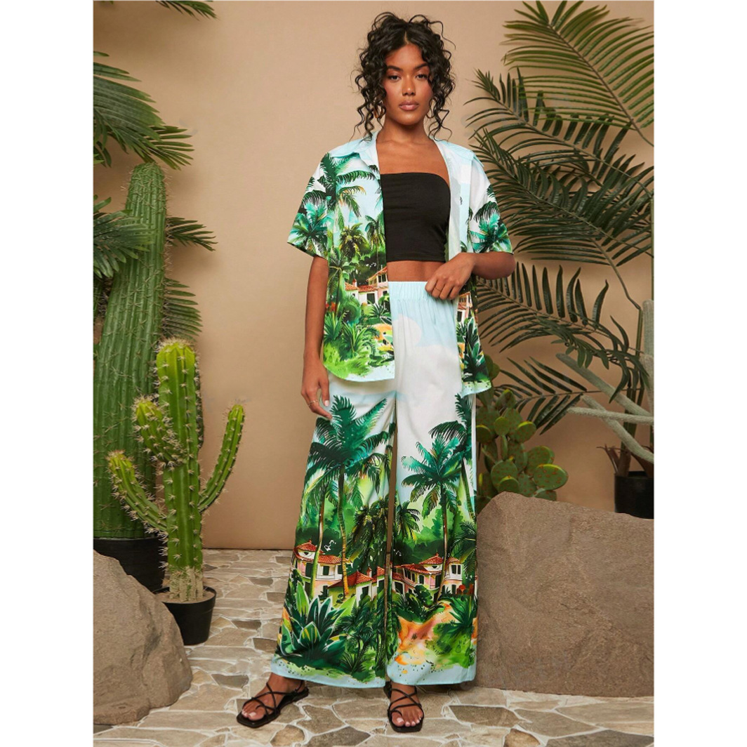 Holiday Floral Print Loose Shirt And Wide Leg Pants Green - Shop at LoveMi