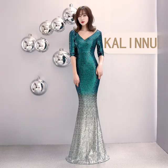 Fishtail Banquet Evening Dress Elegant Sexy Long Green Silver - Shop at LoveMi