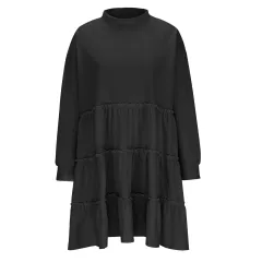 Women's Stitching Loose-fitting Pleated Sweater Dress - Black - View 1