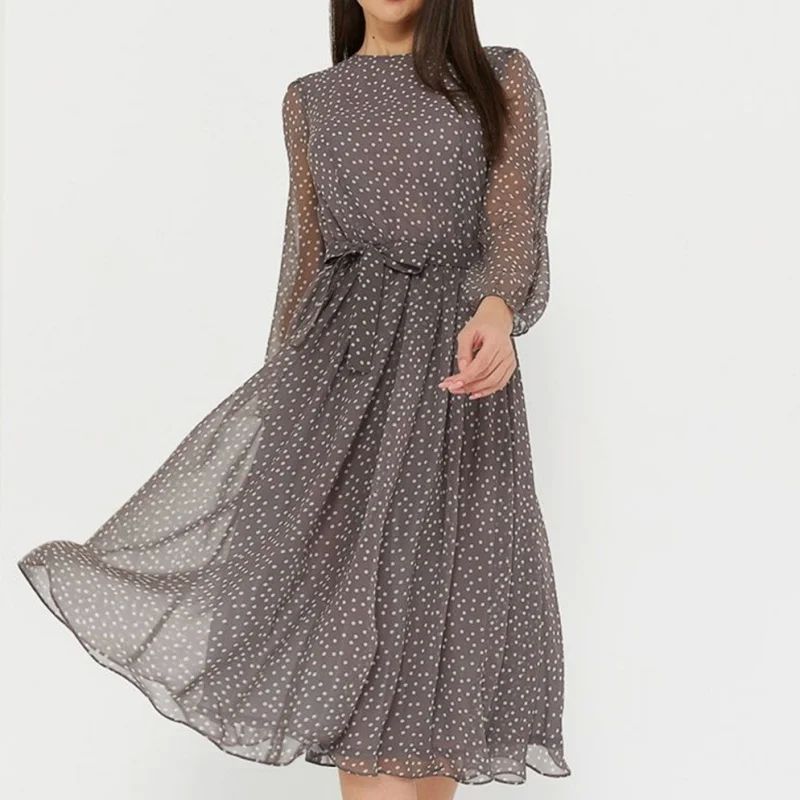S Polka-dot Crewneck Long-sleeved Dress For Women