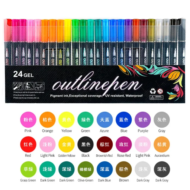 Double Line Outline Pen 24 Color Suit Dream Color Mark Fluorescent Marker 24 Colors Suit - Shop at LoveMi