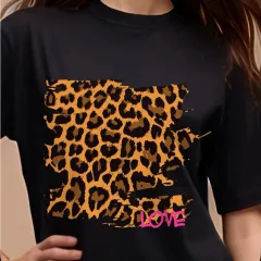 Retro Casual Fashion Pure Cotton Leopard-Print T-Shirt - Black - View 1
