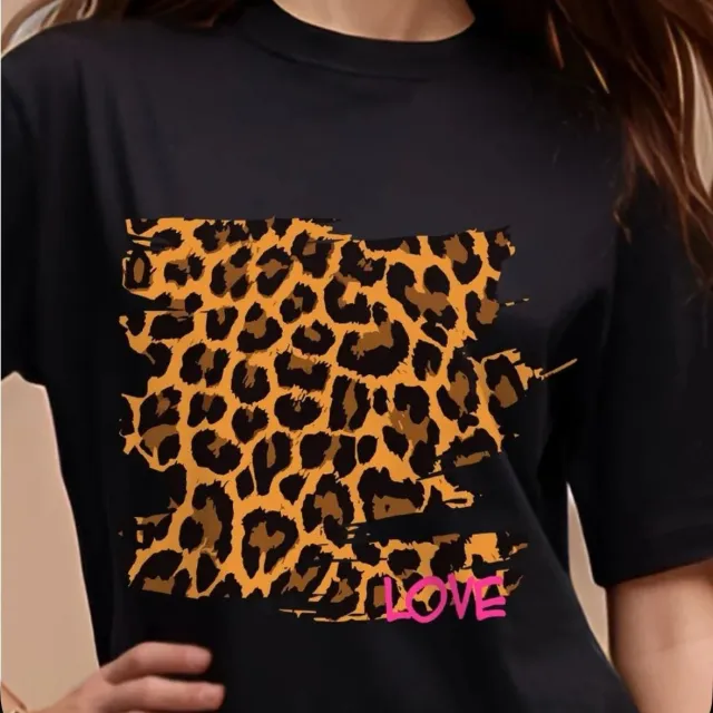 Retro Casual Fashion Pure Cotton Leopard Print T Shirt Black - Shop at LoveMi