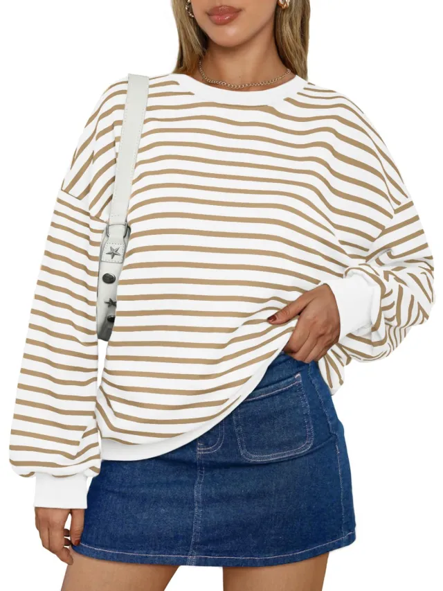 Women's Colorful Striped Round Neck Loose Sweatshirt Khaki - Shop at LoveMi