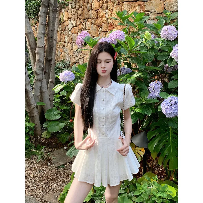 White Short-sleeved Shirt Dress A- Line Pleated Short Skirt - White