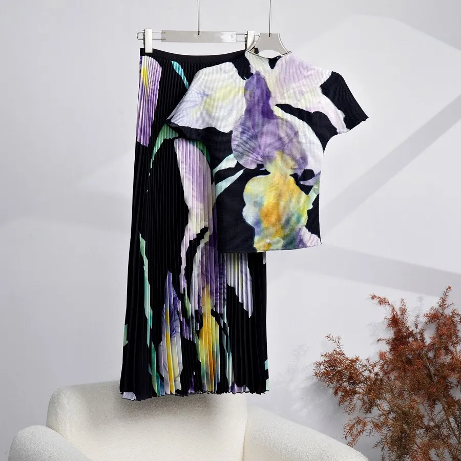 Printed Slim-fit Short-sleeved T-shirt All-match Tutu Pleated Two-piece Set - Black