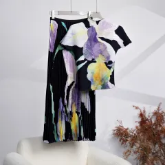 Printed Slim-fit Short-sleeved T-shirt All-match Tutu Pleated Two-piece Set - Black - View 1