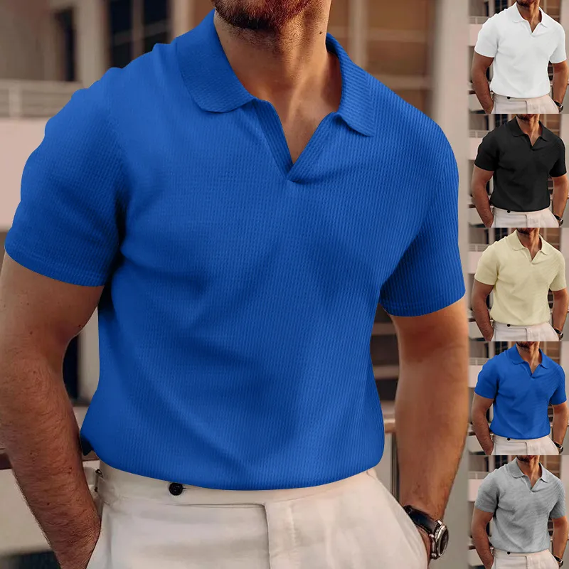 INS Waffle Lapel Short-sleeved T-shirt Summer Fashion Solid Color V-neck Polo Shirt Tops Men's Clothing