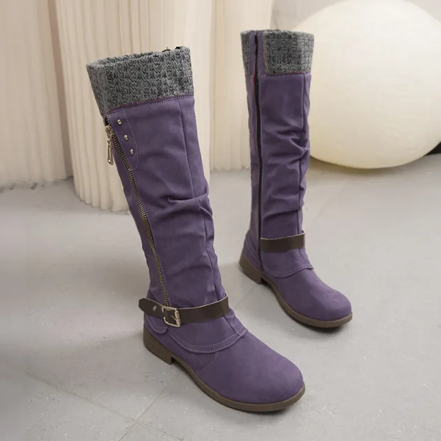 Plus Size Long Tube Women's Boots Chunky Heel Side Zip Wool Stitching Purple - Shop at LoveMi