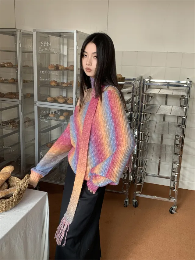 Women's Fashionable Casual Irregular Shoulder Pullover Soft Glutinous Knitted Sweater Rainbow - Shop at LoveMi