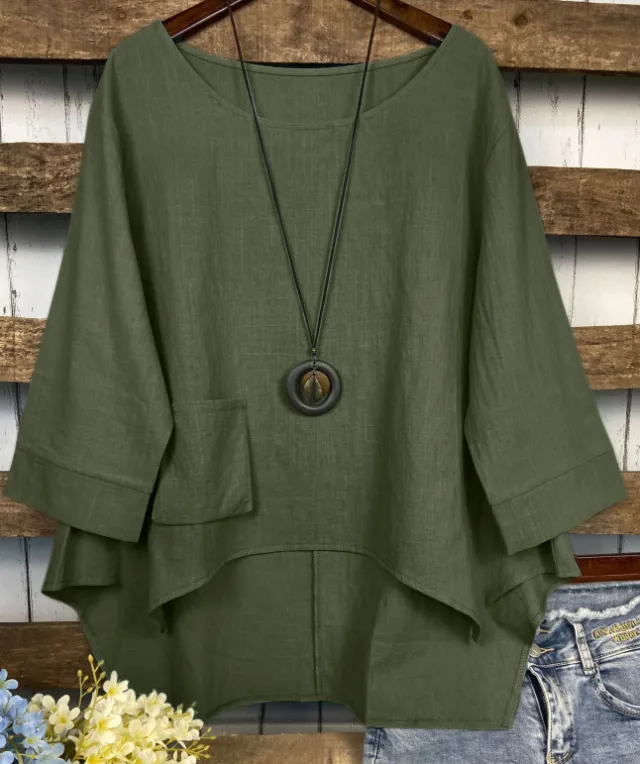 Summer Fashion Plus Size Round Neck Pocket Solid Color Irregular T shirt Women Blouse Army Green - Shop at LoveMi