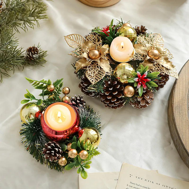 Christmas Candle Metals Candlestick Wreath Artificial Pinball Pinecone Candle Holder Fake Leaves Xmas New Year Home Table Decor – image 3