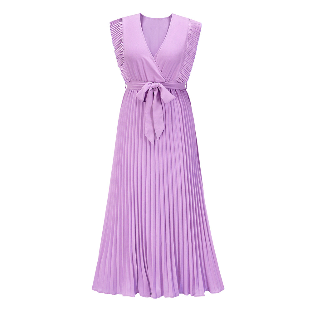 European And American Elegant Beach Fashion Slim Sexy Ruffle Sleeve Chiffon Solid Color Dress