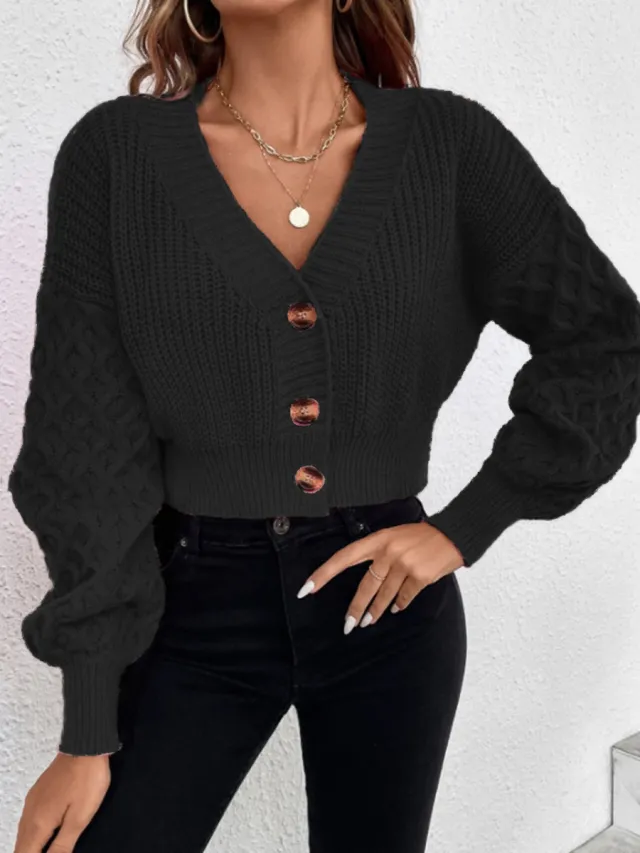 Solid Color Design Drop shoulder Sleeve Knitted Cardigan Black - Shop at LoveMi