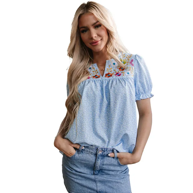 Pullover V neck Chiffon Shirt Embroidered Short Sleeve Lc25130145P420 - Shop at LoveMi