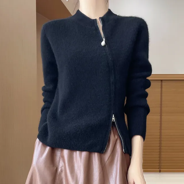 Round Neck Knitted Cardigan Long Sleeve Women's Oblique Zipper Slim Jacket Black - Shop at LoveMi