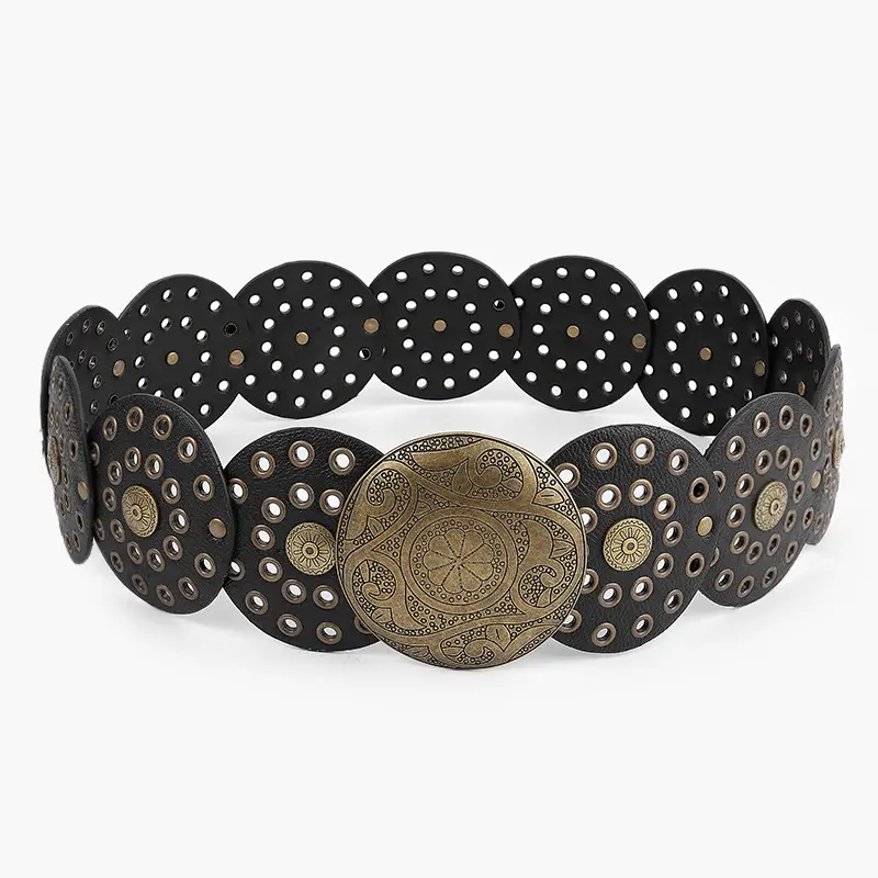 Disc Hook Leather Retro Rivet Alloy Belt