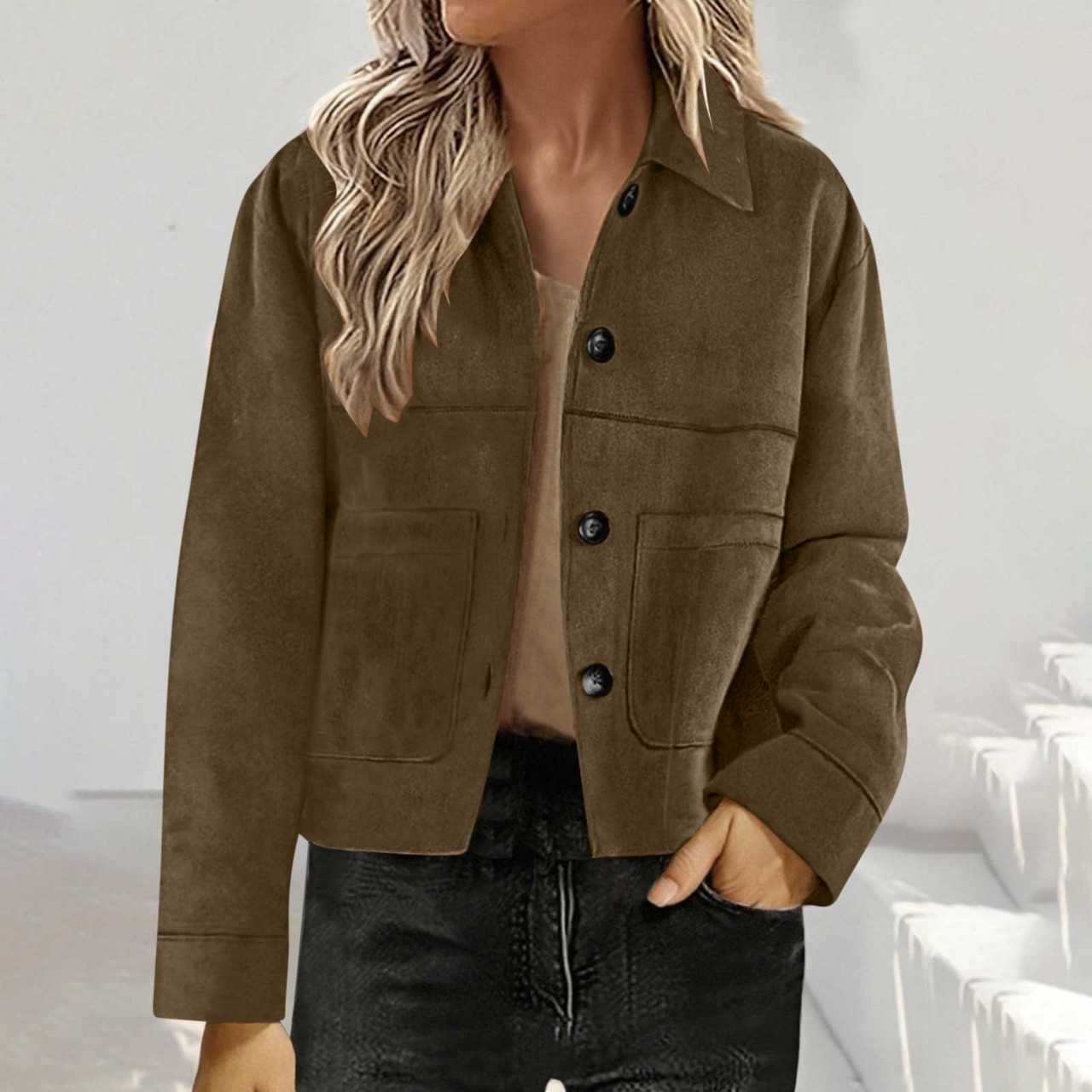 Solid Color Loose Fit Suede Short Jacket For Women