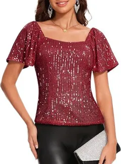 Women's Square Collar Fashion Short Sleeve Sequins Puff Sleeve Shirt - Bright Red - View 1