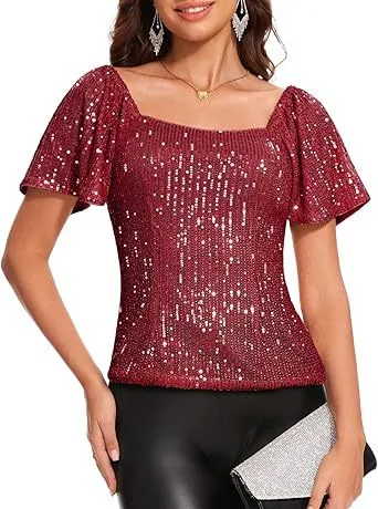 Women's Square Collar Fashion Short Sleeve Sequins Puff Sleeve Shirt Bright Red - Shop at LoveMi