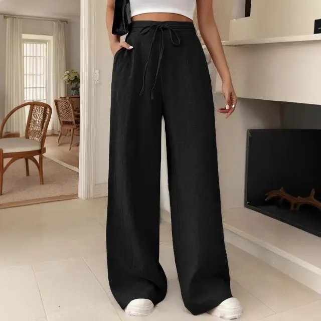 European And American Women's Clothing Casual Wide Leg Lace up Pocket Casual Pants Black - Shop at LoveMi