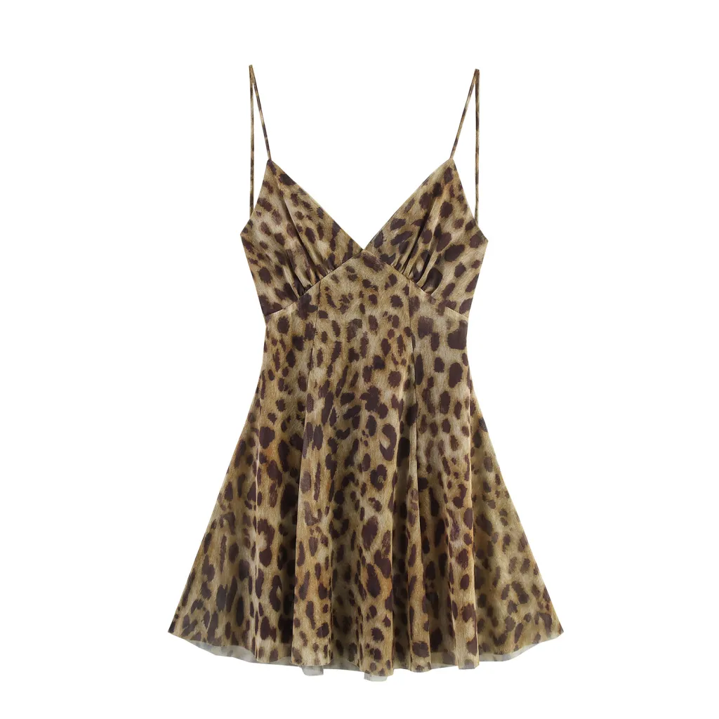 Ethnic Style Floral Print Silk Net Short Sling Dress - Leopard Print