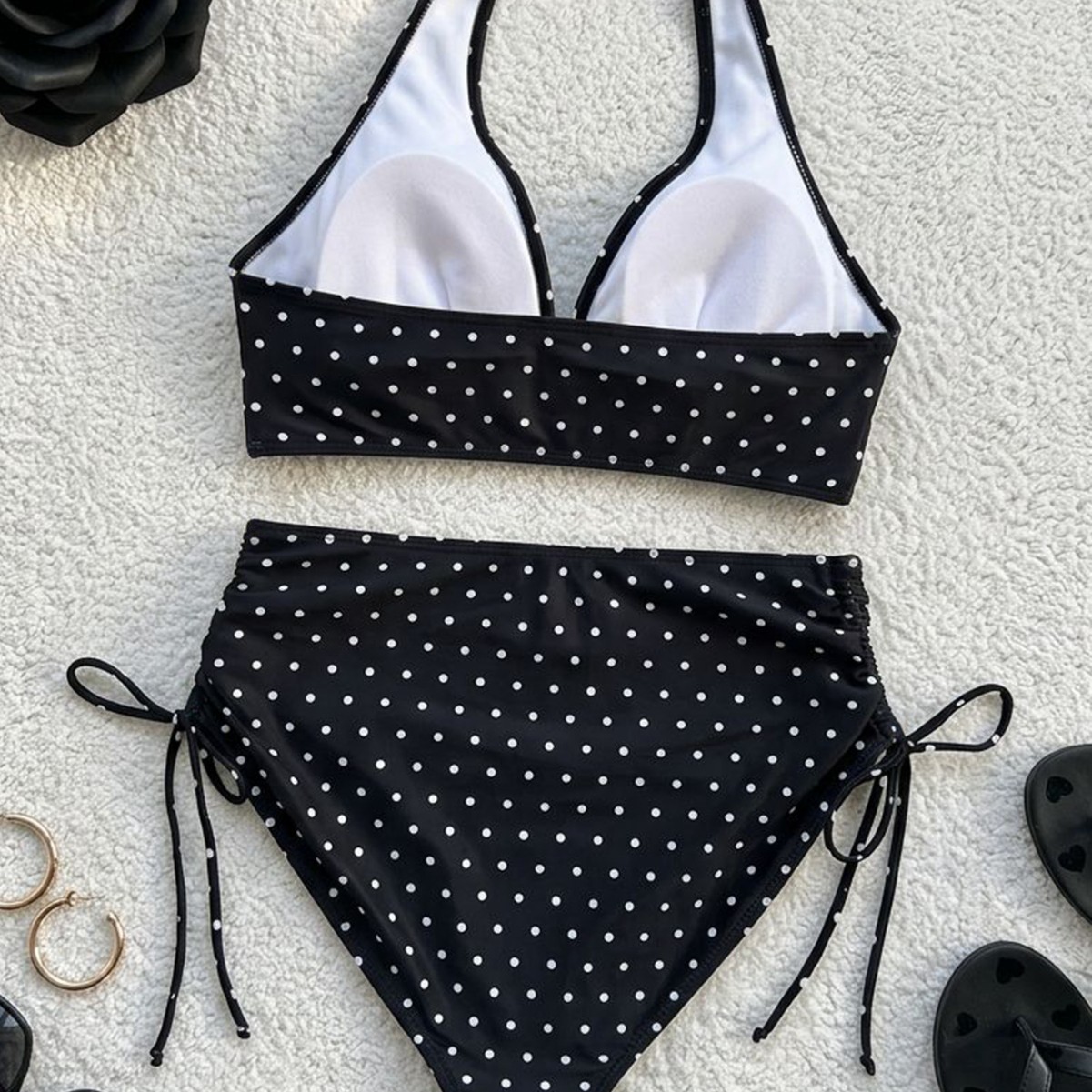 New V-neck Ruffled Vintage Polka-Dot Drawstring Sexy Bikini Swimsuit Set