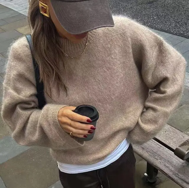 Burgundy Long Sleeve Napping Crew Neck Pullover Sweater Brown - Shop at LoveMi