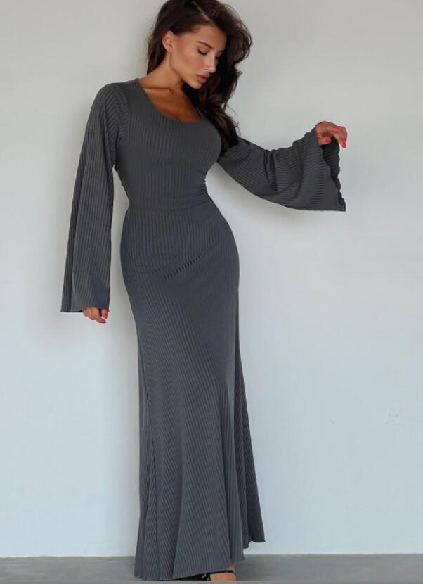 Fashion Loose U-neck Back Lace-up Long Sleeve Dress