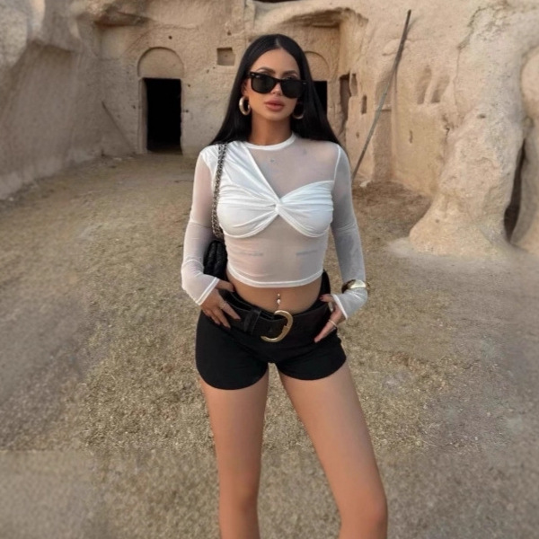 Mesh Long-sleeve Cropped Top With Patchwork Design