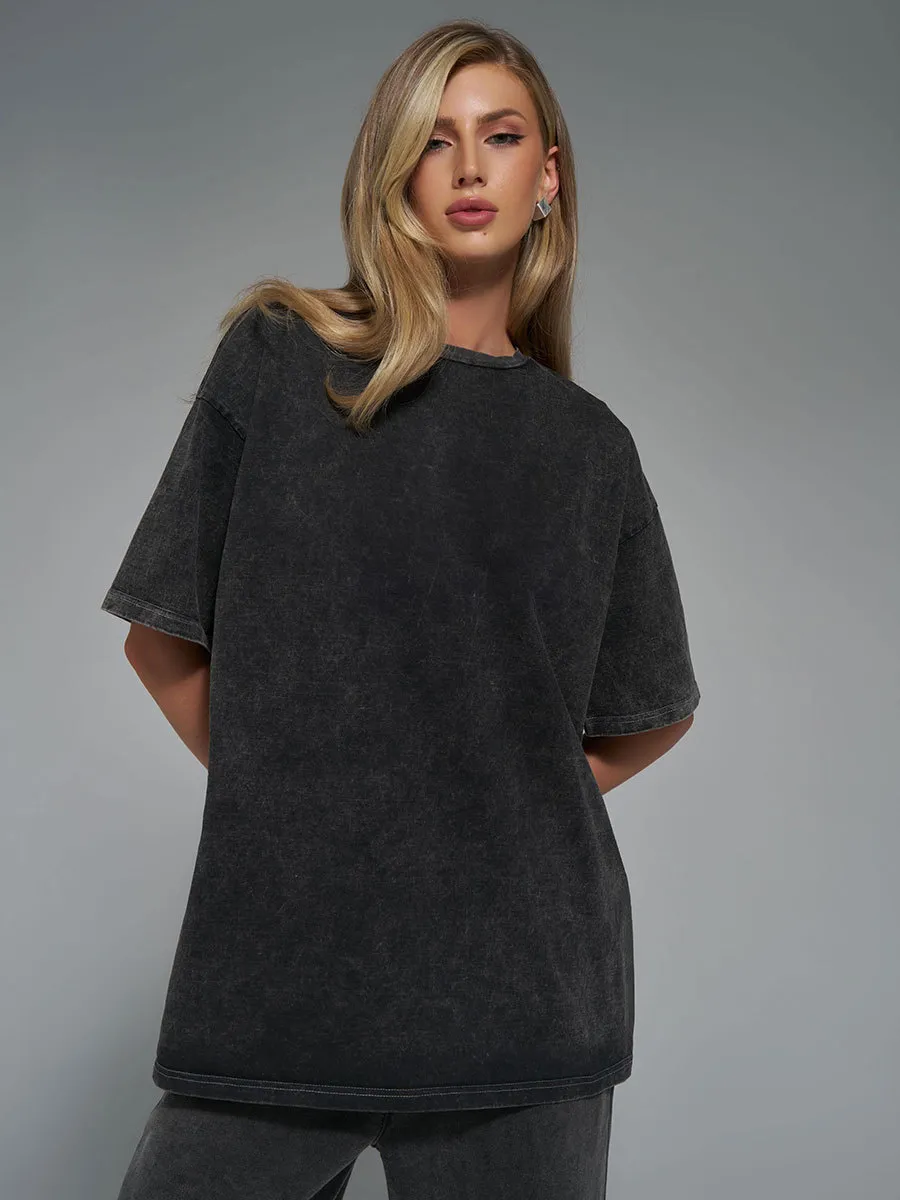 Washed Old Short-sleeved T-shirt European And American Relaxed Casual Round Neck - Black