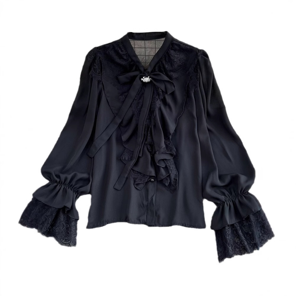 Womens Retro Elegant Loose-Fit Lace-Patch Flare-Sleeve Shirt - Image 4