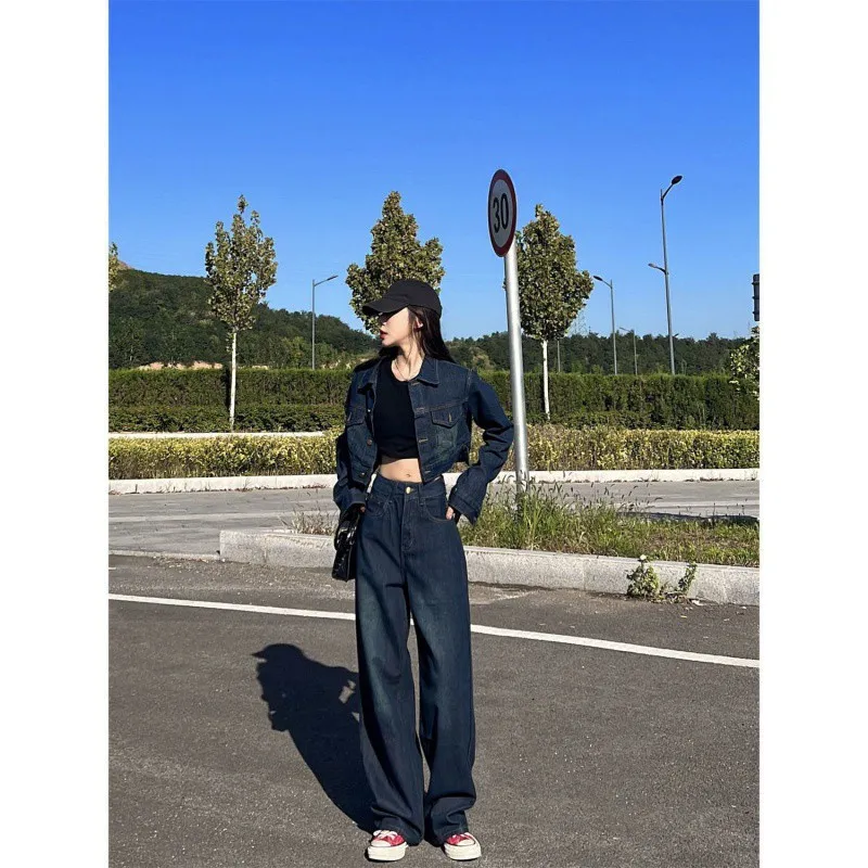 American Campus Denim Coat Jacket Mopping Wide Leg Jeans - Coat Pants