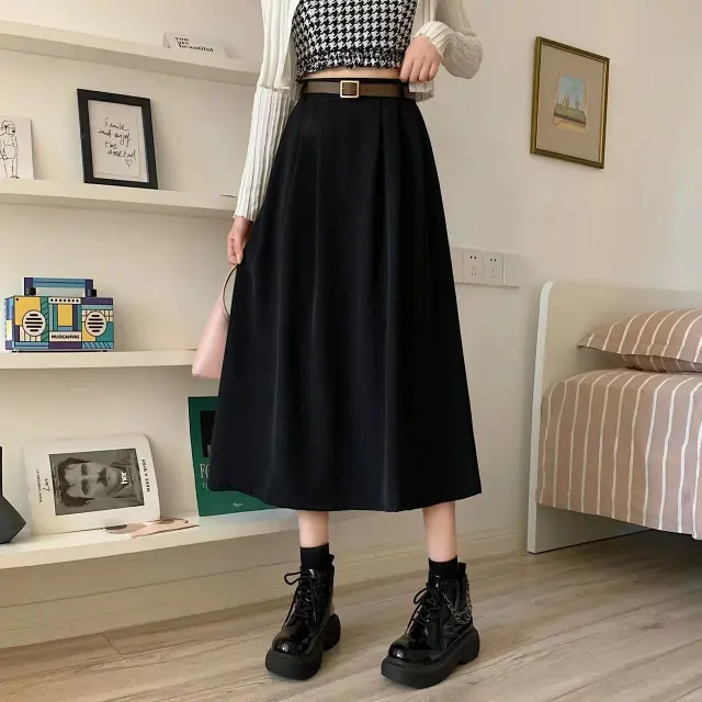 Autumn And Winter Textured Suit Skirt High Waist Drape With Belt Black - Shop at LoveMi