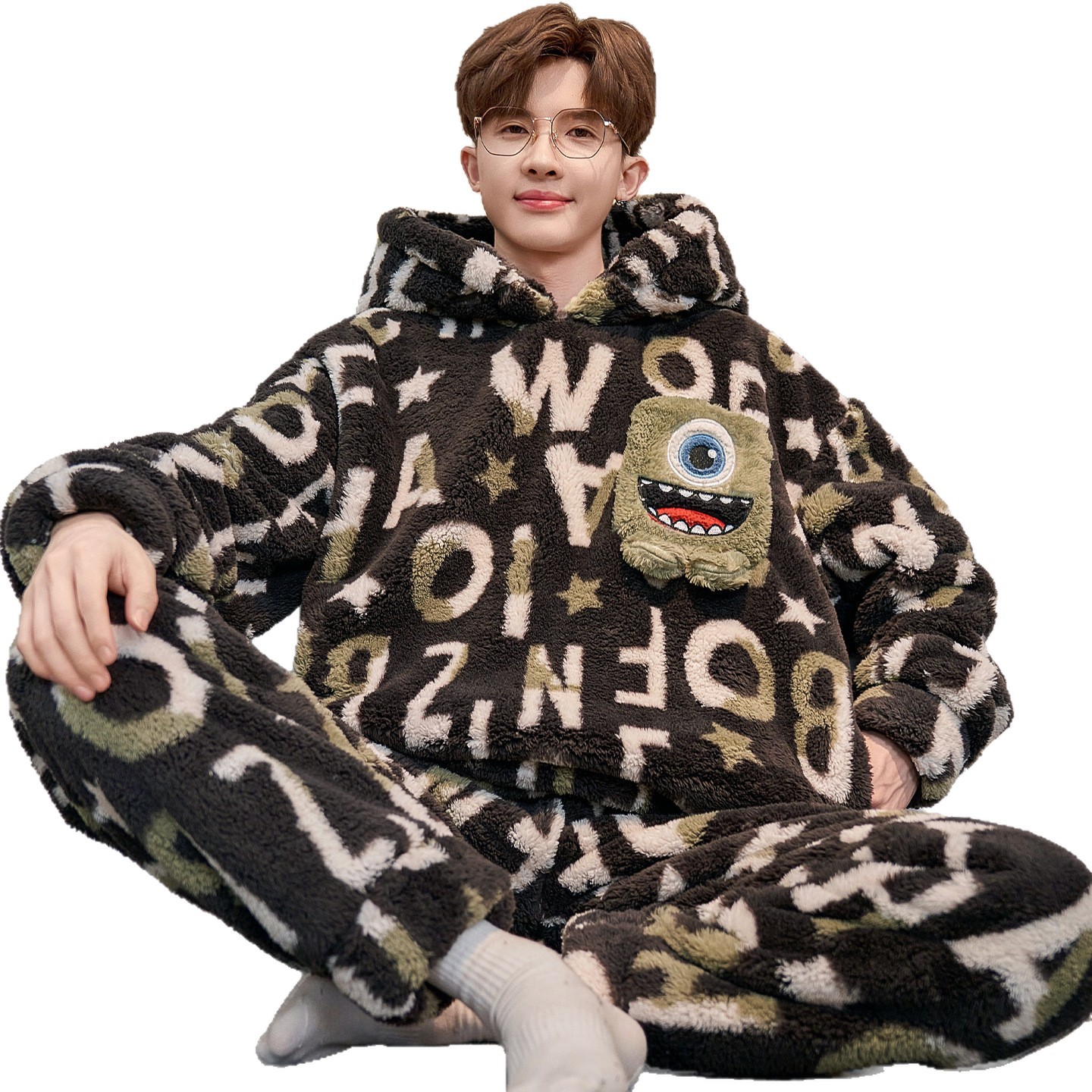 Mens Thickened Cartoon Plus-Size Pajama Set