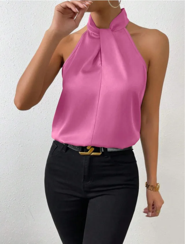 Women's Satin Halter Sleeveless Vest Pink - Shop at LoveMi